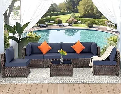 7-Piece Outdoor Patio Furniture Set: Wicker Sectional Sofa with Rattan Modular Conversation Area and Cushions