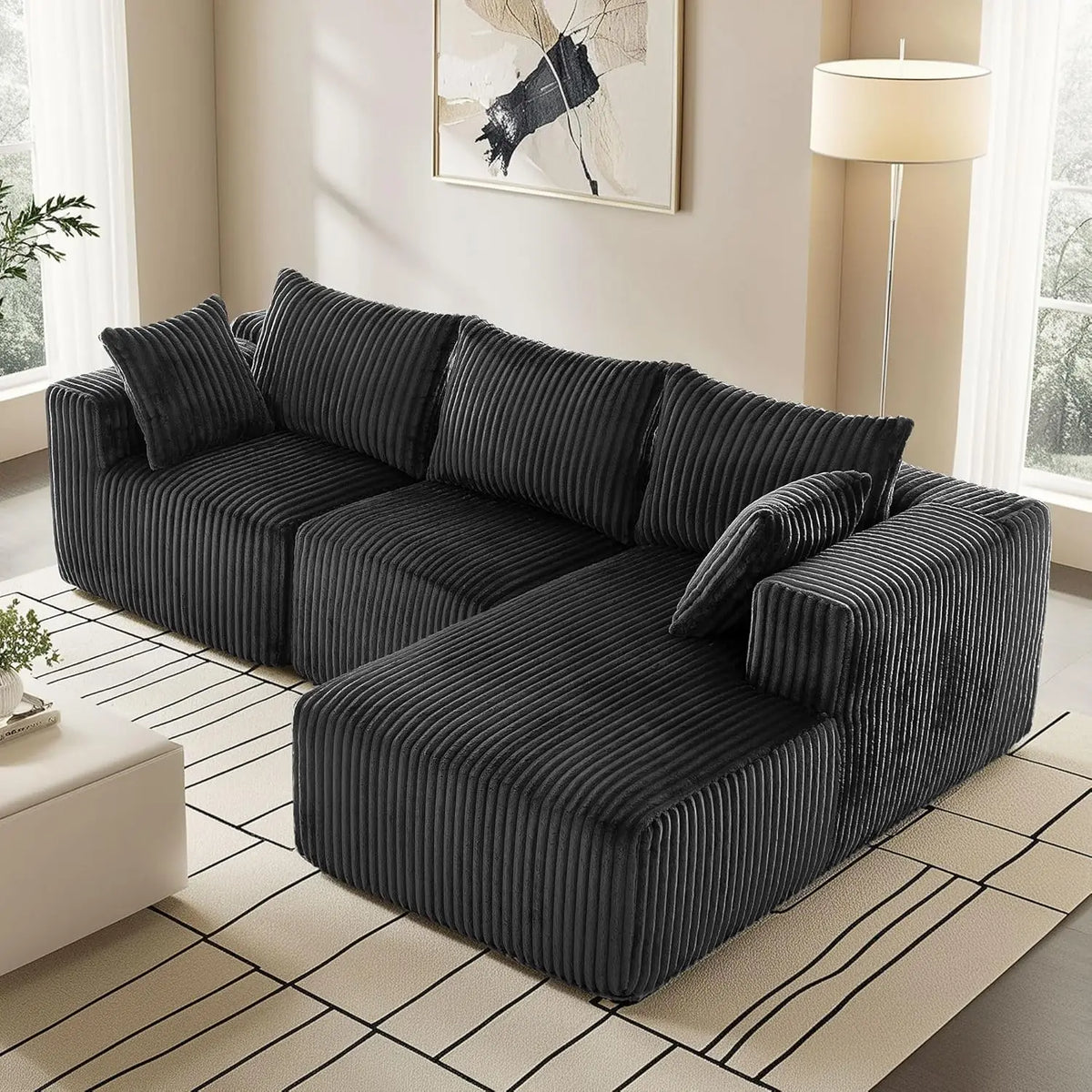 Modular Sectional with L-Shape Chaise, Cloud Sofa Living Room Bedroom Upholstered Sofa - No Installation - Plush Corduroy Fabric