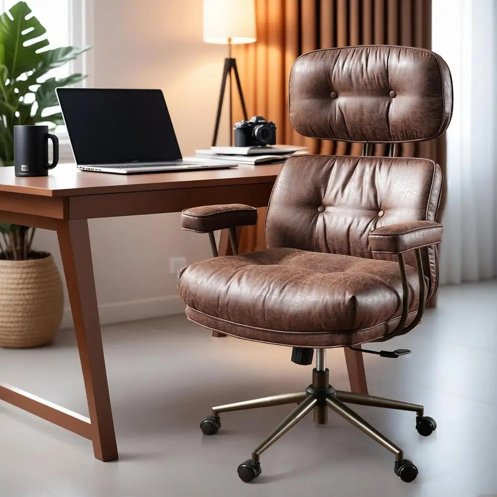 Ergonomic Century Modern Leather High-Back Swivel Chair with Plush Cushion (K Brown, Suede)