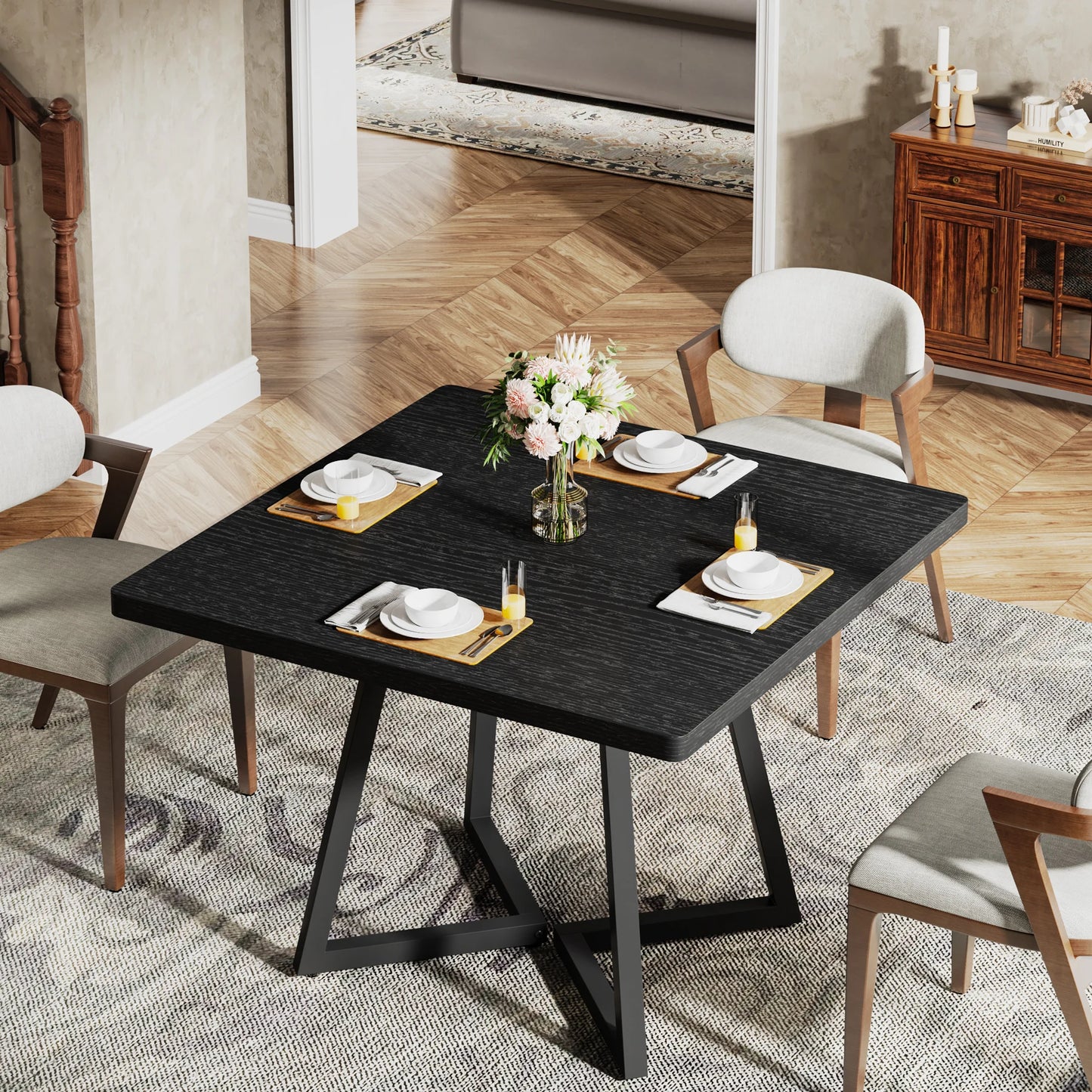 Tribesigns Square Dining Table for 4, 31.5" Industrial Dinner Table with Metal Base, Wood Kitchen Table for Dining Room