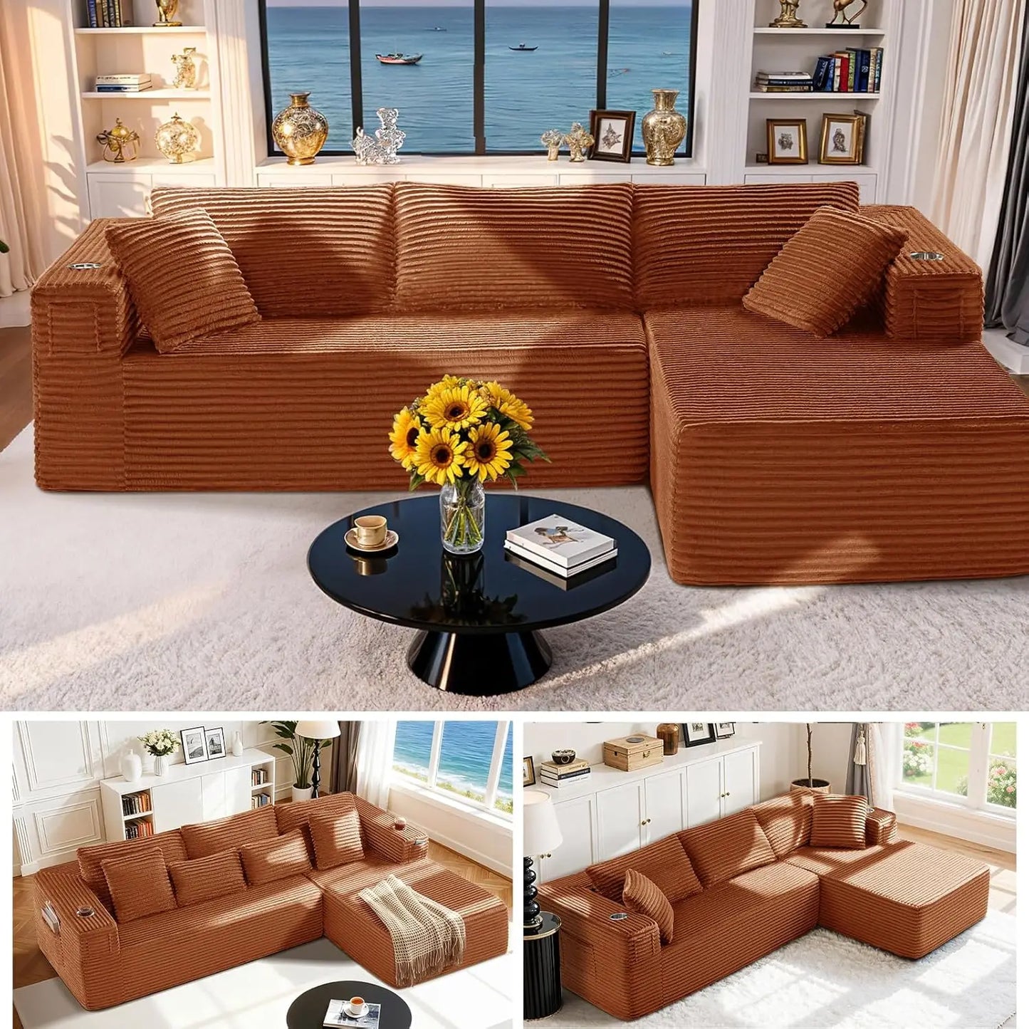 108" Cloud Sectional Couch, Comfort U Shaped Boneless Couch for Living Room, Extra Deep Seats No Assembly, Minimalist Modular