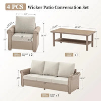 4-Piece Outdoor Patio Furniture Set, Wicker Rattan Conversation Set with 3-Seat Sofa, 2 Chairs, and Coffee Table