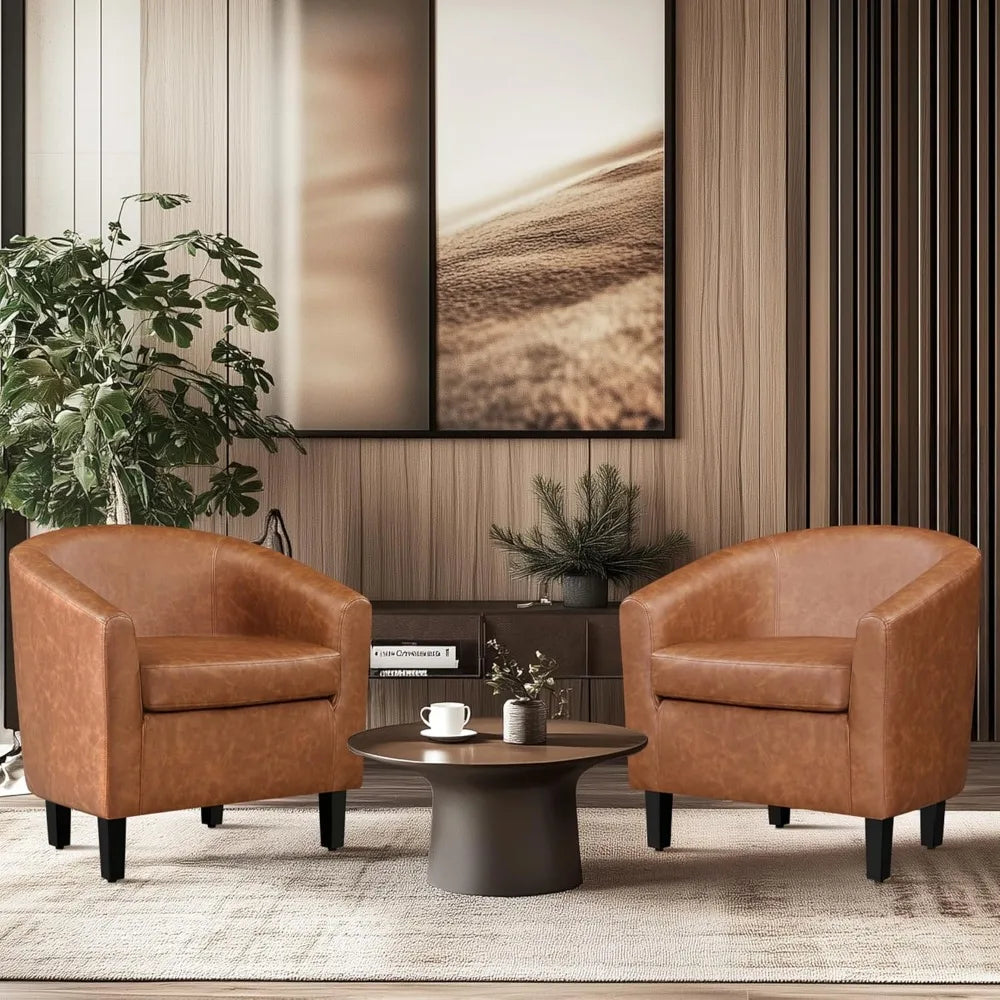 Brown Accent Chairs Set Of 2 Faux Leather Barrel Chairs Comfy Modern Leather Club Armchairs With Soft Seat For Living Room