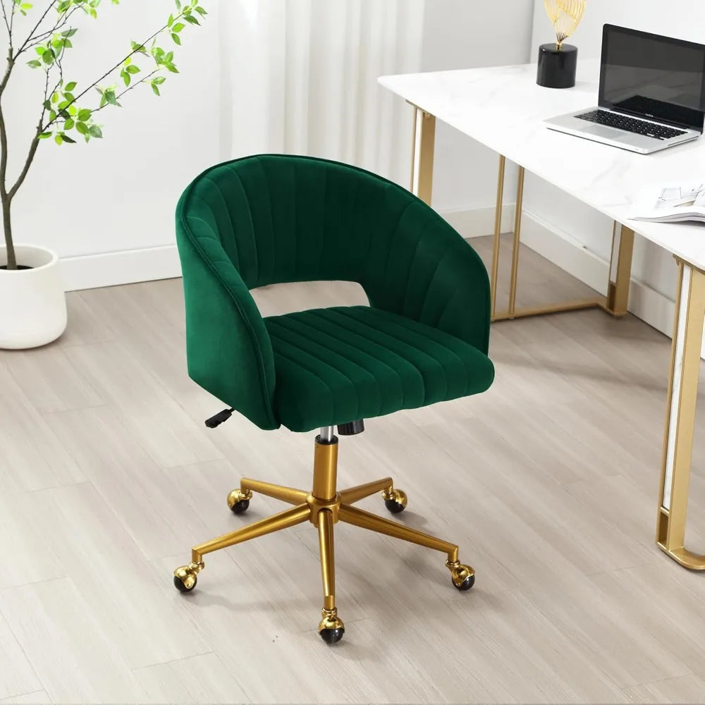 "contemporary swivel ergonomic chair with velvet upholstery and adjustable height on gold base"