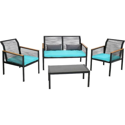 Coachford 4-Piece Patio Conversation Furniture Set - 1 Loveseat, 2 Chairs And 1 Coffee Table - Thick Blue Cushions