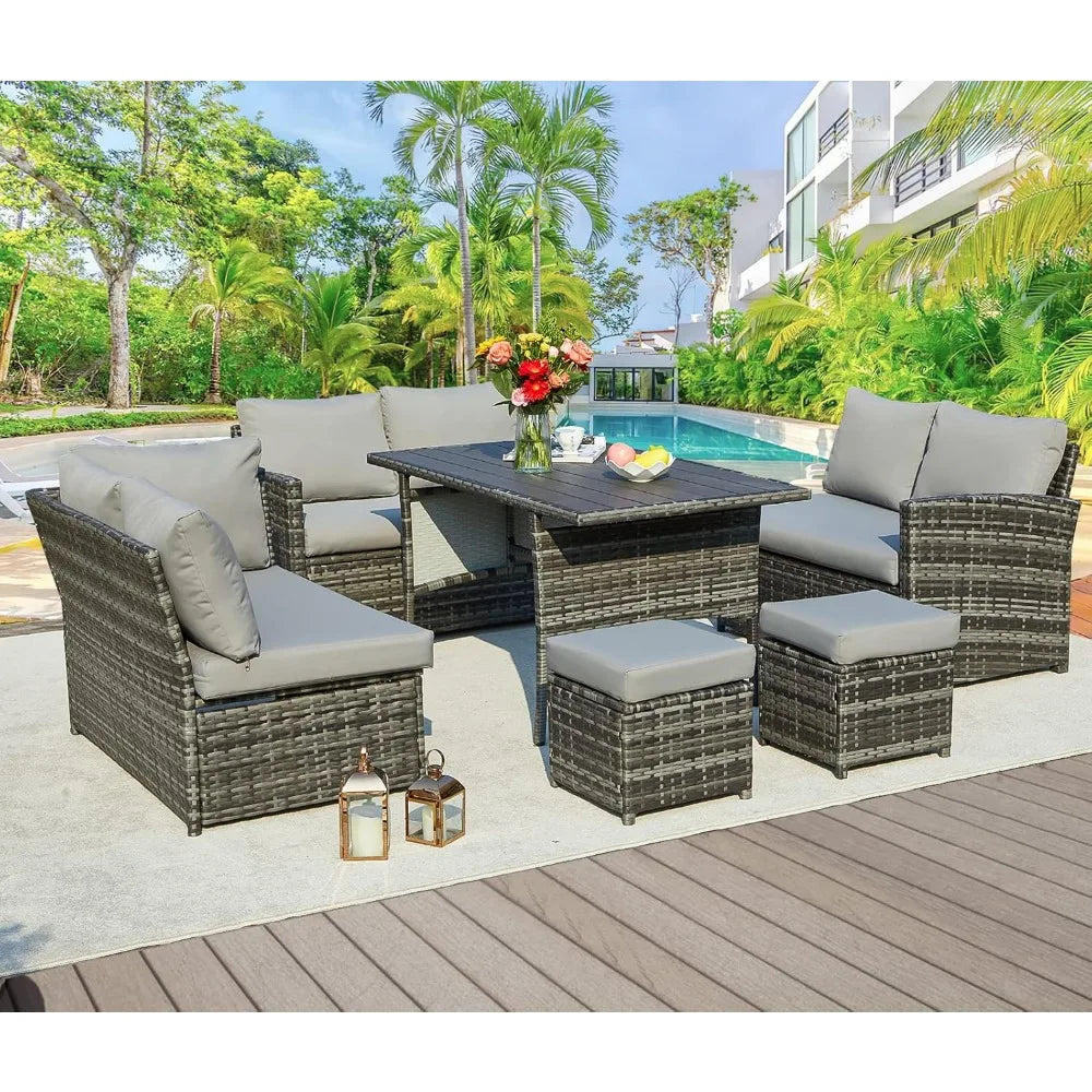 Patio Furniture Set, 7 Pieces Outdoor Patio Furniture with Dining Table&Chair, All Weather Wicker Conversation Set with Ottoman