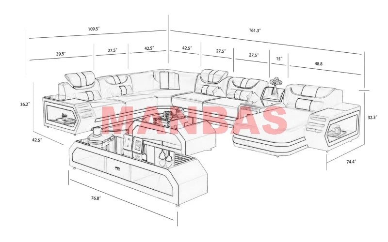 MANBAS Italian Genuine Leather Sectional Sofa with LED Lights | Futuristic Furniture U Shape Couch Living Room Big Sofas Set