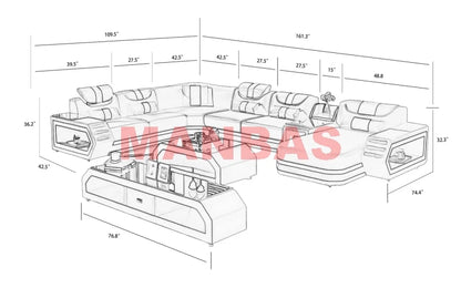 MANBAS Italian Genuine Leather Sectional Sofa with LED Lights | Futuristic Furniture U Shape Couch Living Room Big Sofas Set