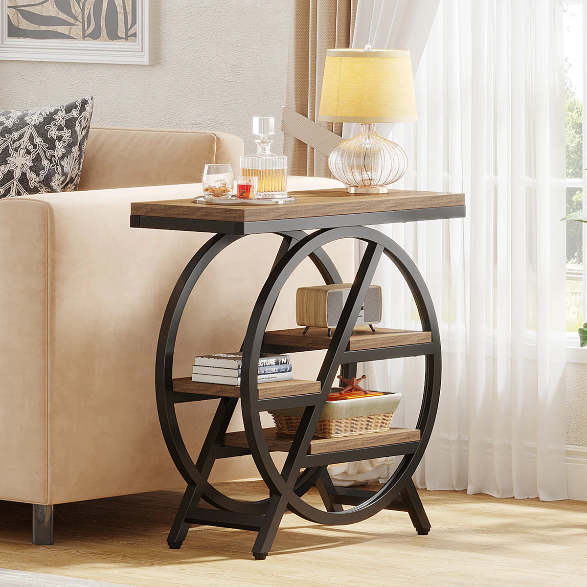 Tribesigns End Table for Living Room, 3-Tier Narrow Side Table with Storage, Wood Sofa Side Table with Geometric Metal Frame