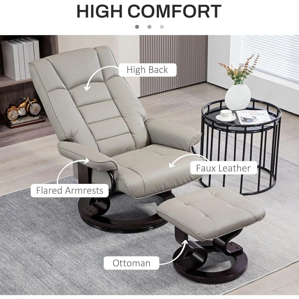 Faux Leather Reclining Chair, Swivel Ottoman Chair, Recliner with Ottoman with High Back and Wood Frame for Living Room, Gray