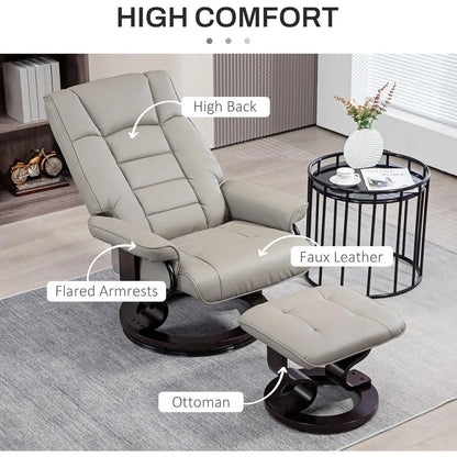 Faux Leather Reclining Chair, Swivel Ottoman Chair, Recliner with Ottoman with High Back and Wood Frame for Living Room, Gray