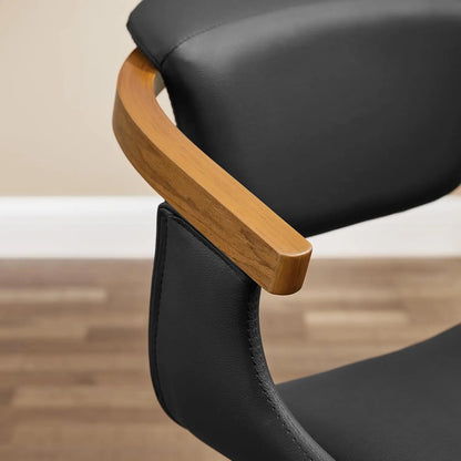 Swivel Desk Chair No Wheels, Mid Century Modern Office Chair, Faux Leather Dining Chair with Wood Legs, Accent Arm, Customized