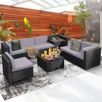 --8 Pieces Outdoor Wicker Rattan Patio Furniture Sectional Set, Glass Top Table with Hidden Storage, Oversized Cushions.sofa Bed
