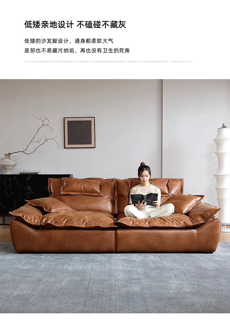 Sailing sofa retro oil wax leather super wide sitting depth adjustable backrest antique living room straight row sofa
