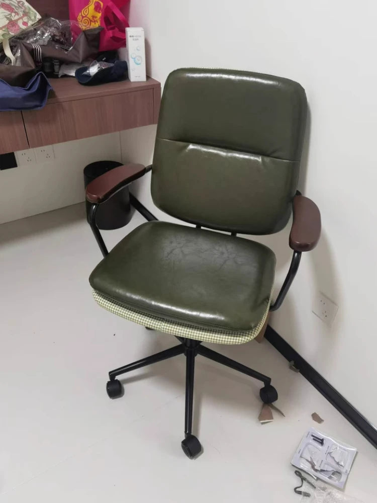 Comfortable Genuine Leather Chair Steel-Legged Adjustable Swivel Seat Ergonomic Desk Chair for Prolonged Sitting