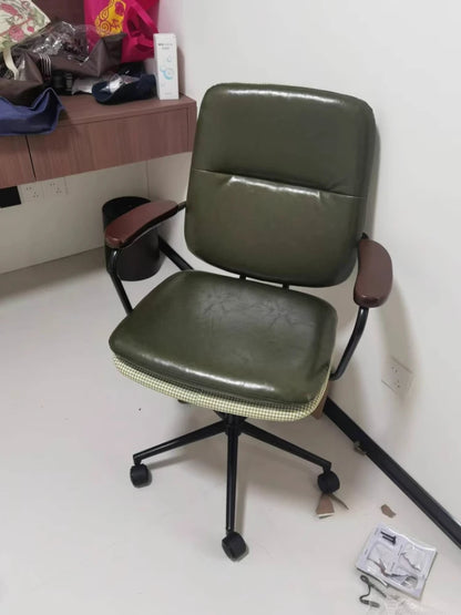 Comfortable Genuine Leather Chair Steel-Legged Adjustable Swivel Seat Ergonomic Desk Chair for Prolonged Sitting