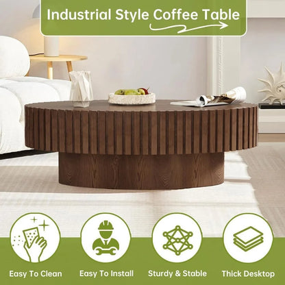 Oval Coffee Table, Brown Drum Fluted, Mid Century Modern, Irregular Pedestal Center, For Living Room Farmhouse