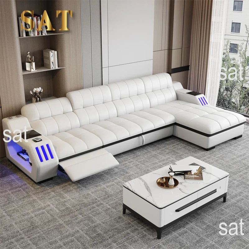 -Popular New Products Massage Function Furniture Living Room Sofa 3 Set Leather Sectional L-shaped Princess Side Table Bluetooth