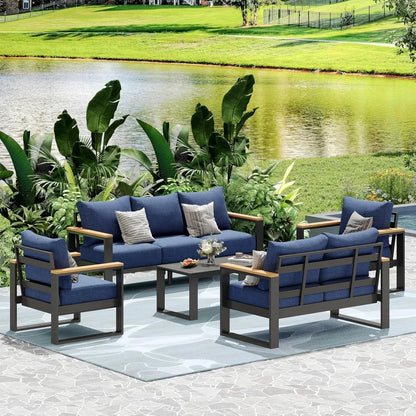 Aluminum Outdoor Patio Furniture Set, 5-Piece Sectional Conversation Set with 6″ Thick Cushions & Coffee Table for Porch, Balcon