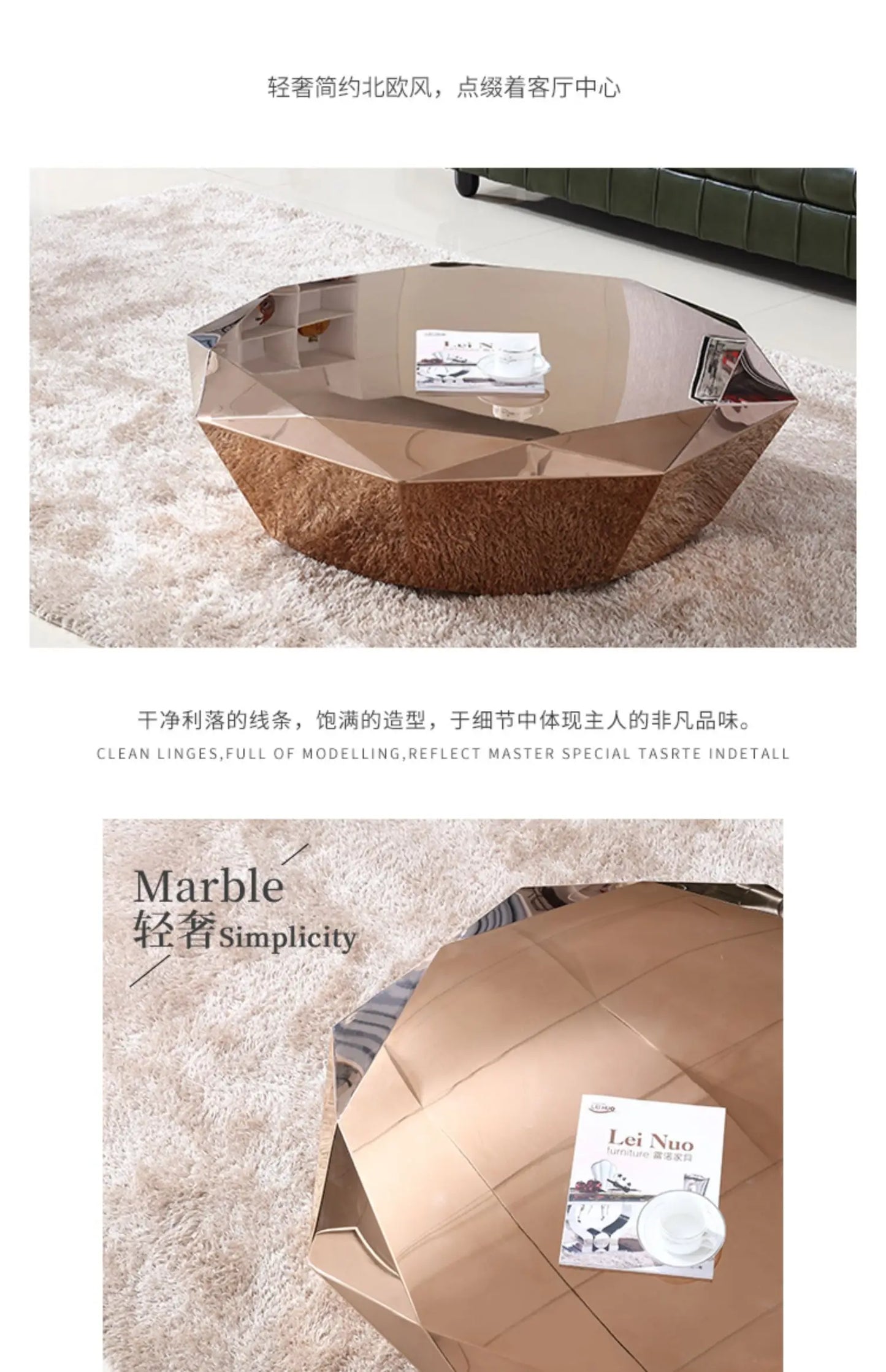 Post-modern light luxury small apartment stainless steel diamond coffee table creative simple designer home living room sofa sid