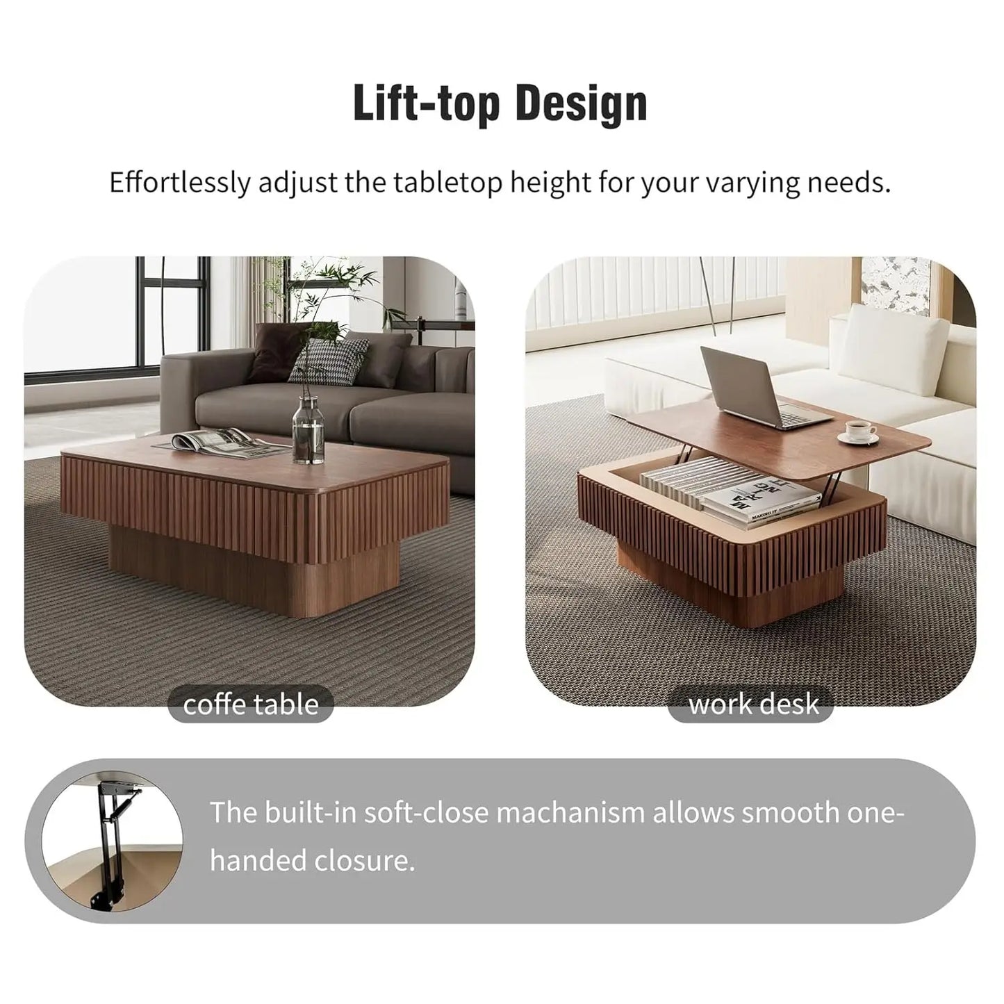 Lift Top Coffee Table For Living Room, Accent Fluted Coffee Table With Storage, Modern Solid Wood Veneered Rectangle Center Tea