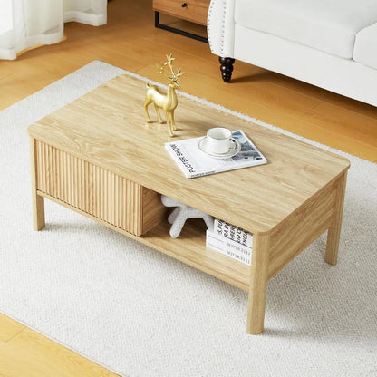 Wooden Fluted Lift Top Coffee Table with Hidden Compartment, Modern Rectangle Center Tables with Adjustable Storage Shelf, Lift