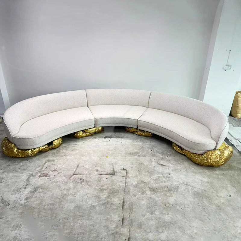 Manufacturer Villa Home Family Furniture Copper Base Nordic Curved Living Room Sofas 5-6 Seats White Fabric Modern Curved Sofa