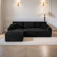 Black Corduroy L-Shaped Sofa with Chaise, Deep Seating, No Assembly Needed for Living Room or Bedroom