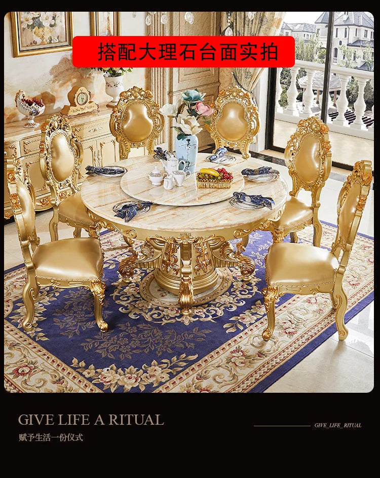 A07 European dining table and chair combination glass surface classical luxury solid wood carving flower round table with turnta