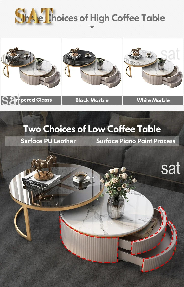 #Luxury Furniture Marble Top Gold Stainless Steel Frame Sectional Glass Round Coffee Table