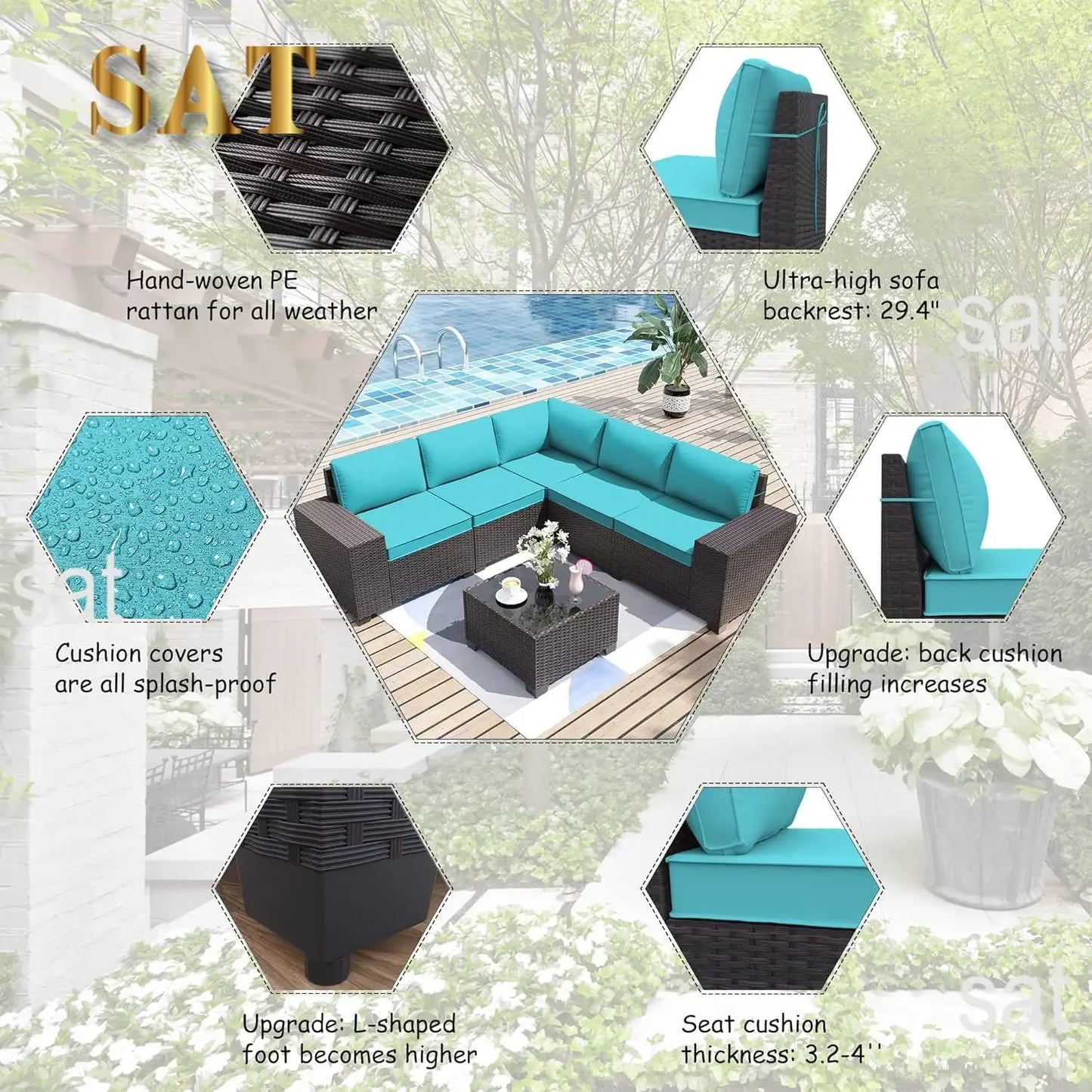 A Sectional Sofa Outdoor Furniture All Weather Brown PE Rattan Patio Conversation w/5 Seat Cushions