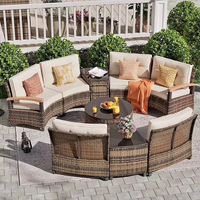 PatioLix 9 Piece Outdoor Patio Furniture Set, Half-Moon Curved Sectional Sofa Rattan Conversation Set with Wood Armrests, Coffee Table
