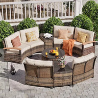 PatioLix 9 Piece Outdoor Patio Furniture Set, Half-Moon Curved Sectional Sofa Rattan Conversation Set with Wood Armrests, Coffee Table