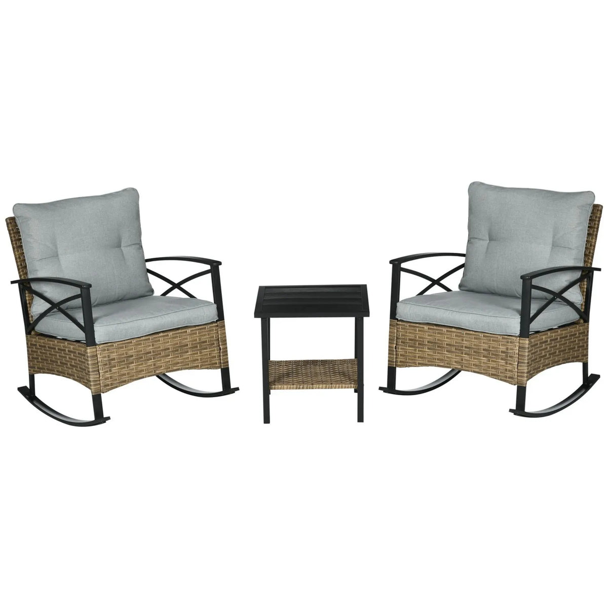 Outsunny Rocking Bistro Set 3PC Wicker Outdoor  with Rocker Chairs Cushions Coffee Table Light Grey