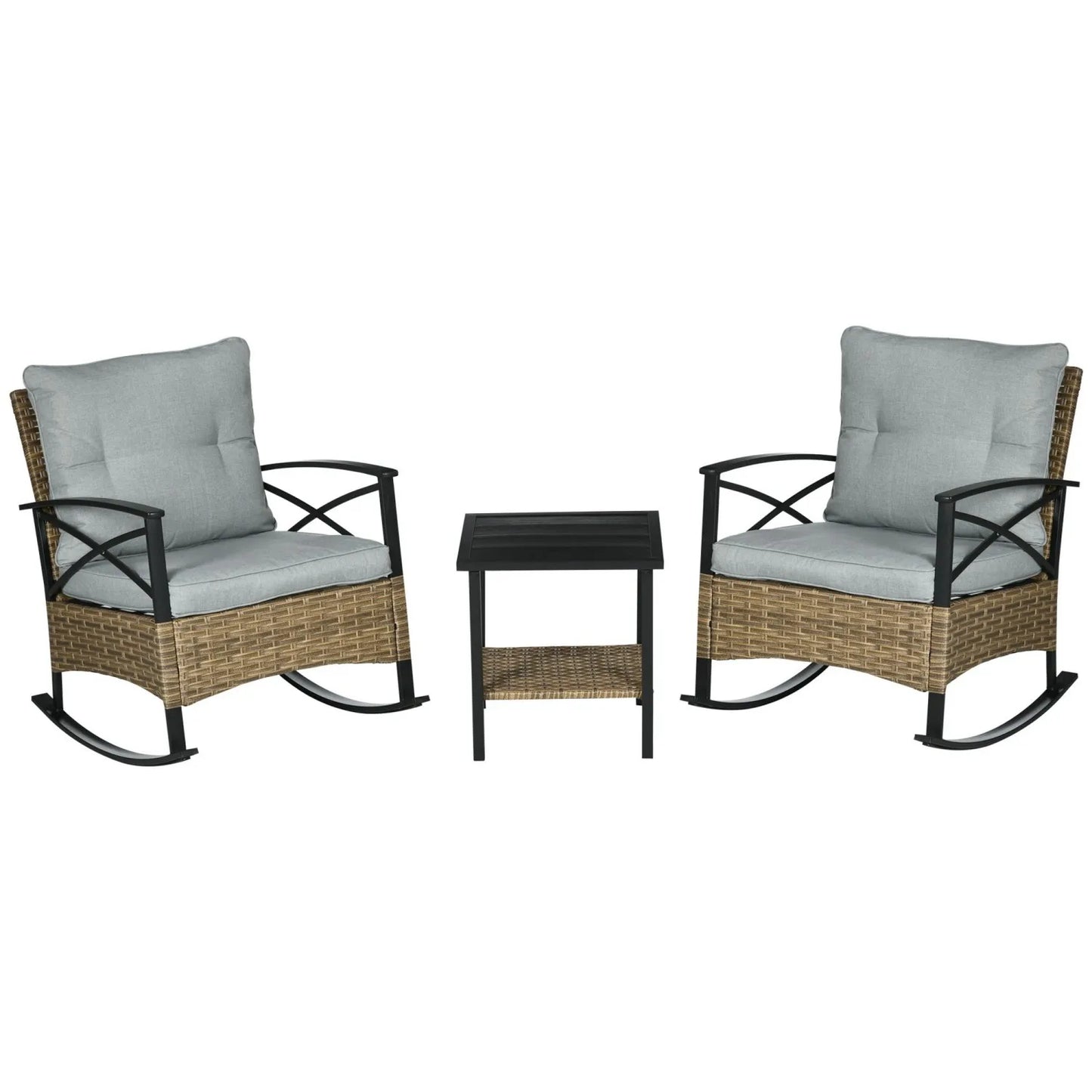 Outsunny Rocking Bistro Set 3PC Wicker Outdoor  with Rocker Chairs Cushions Coffee Table Light Grey