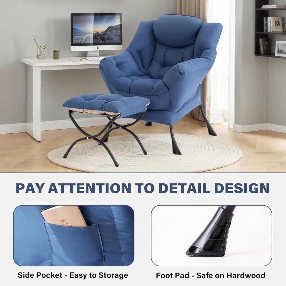 Modern Comfortable Lounge Chair with Ottoman, Large Reading Sofa for Bedroom Leisure Time