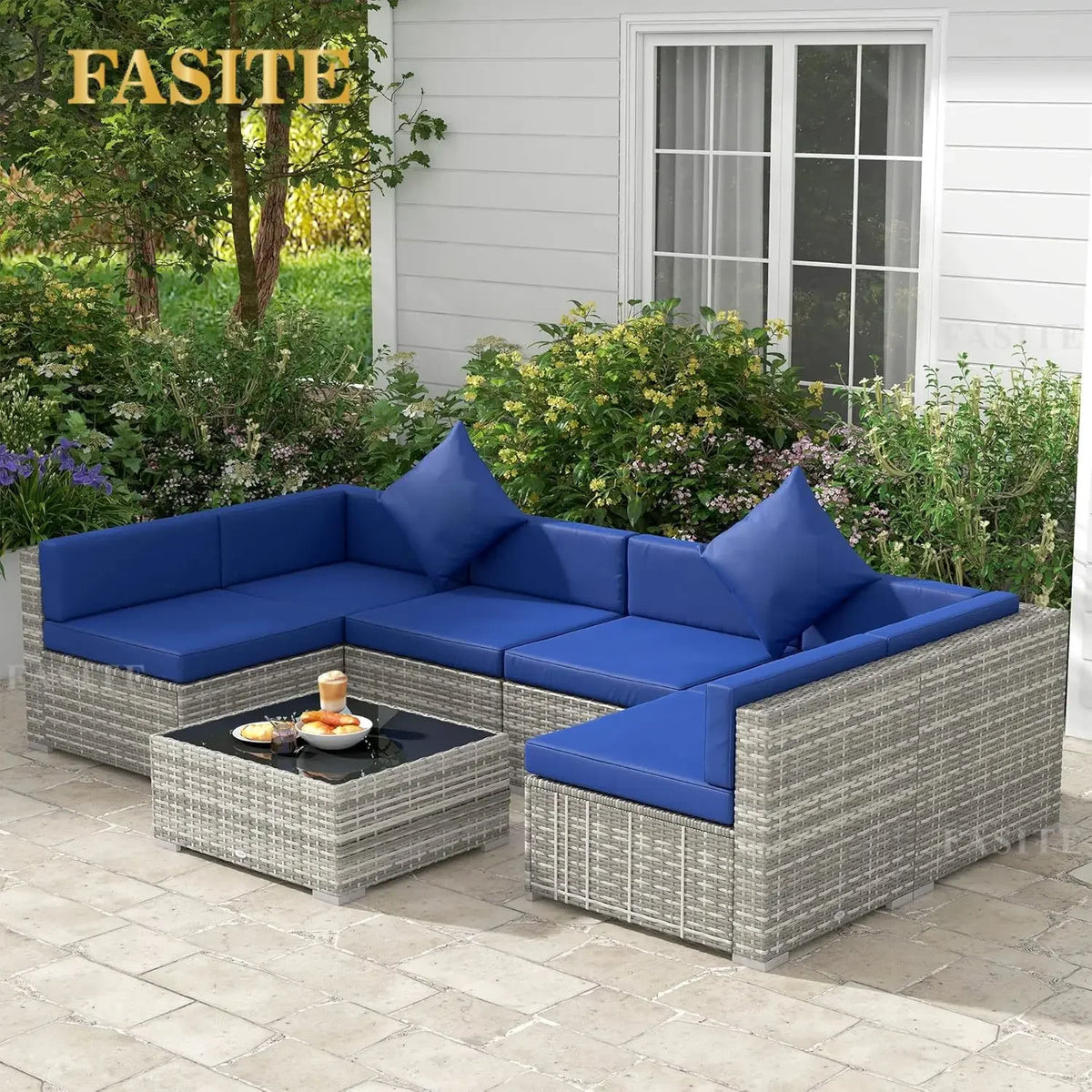 7-Piece Patio Furniture Set, Outdoor Wicker Conversation Set, All Weather PE Rattan Sectional Sofa Set with Glass Table, Pillows