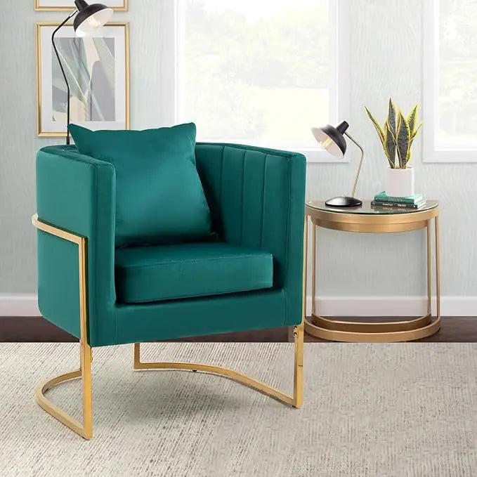 Mid-Century Velvet Accent Chair with Barrel Arms, Upholstered for Comfort, Gold Legs, White for Living/Bedroom，Customized