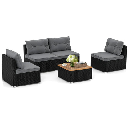 5pc PE Rattan Sectional Set 4 Armless Sofas Acacia Table Cushioned Garden Poolside Backyard Grey Customized
