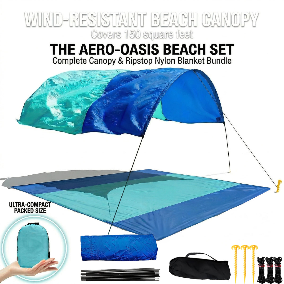 Wind-Resistant Beach Shade Tent 150 sq ft oversized canopy with sand anchors 4 lb ultralightweight UPF 50+ sun protection tent