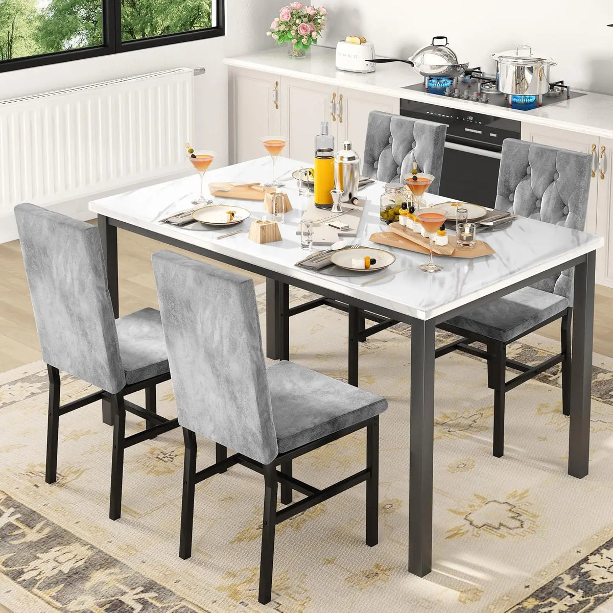 Dining Table Set for 4, Faux Marble Small Kitchen Table Chairs Set of 4 with Luxurious Button Tufted Dinner Chairs