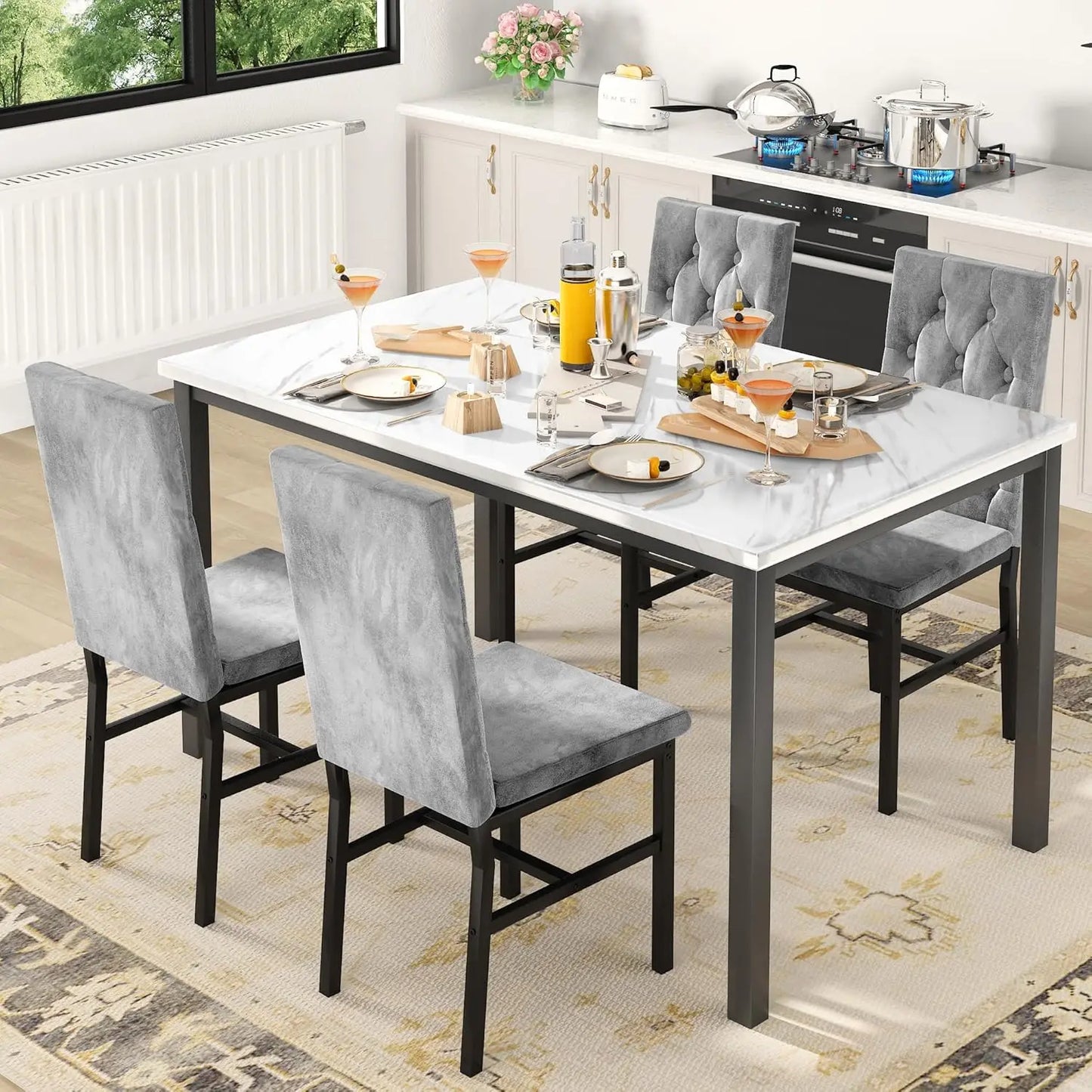 Dining Table Set for 4, Faux Marble Small Kitchen Table Chairs Set of 4 with Luxurious Button Tufted Dinner Chairs