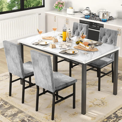 Dining Table Set for 4, Faux Marble Small Kitchen Table Chairs Set of 4 with Luxurious Button Tufted Dinner Chairs