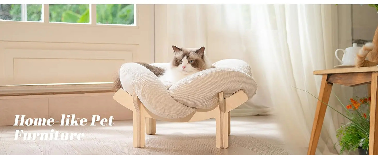 Elevated Cat Bed Wooden With Cushion Fluffy Pet Couch Sofa For Indoor Cats Raised Kitty Lounge Chair Suitable