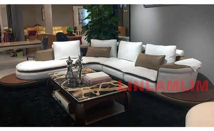 Modern Luxury Genuine Leather Sectional Sofa Set with Speaker and USB, U-Shaped Design Living Room Couch with Storage Shelves