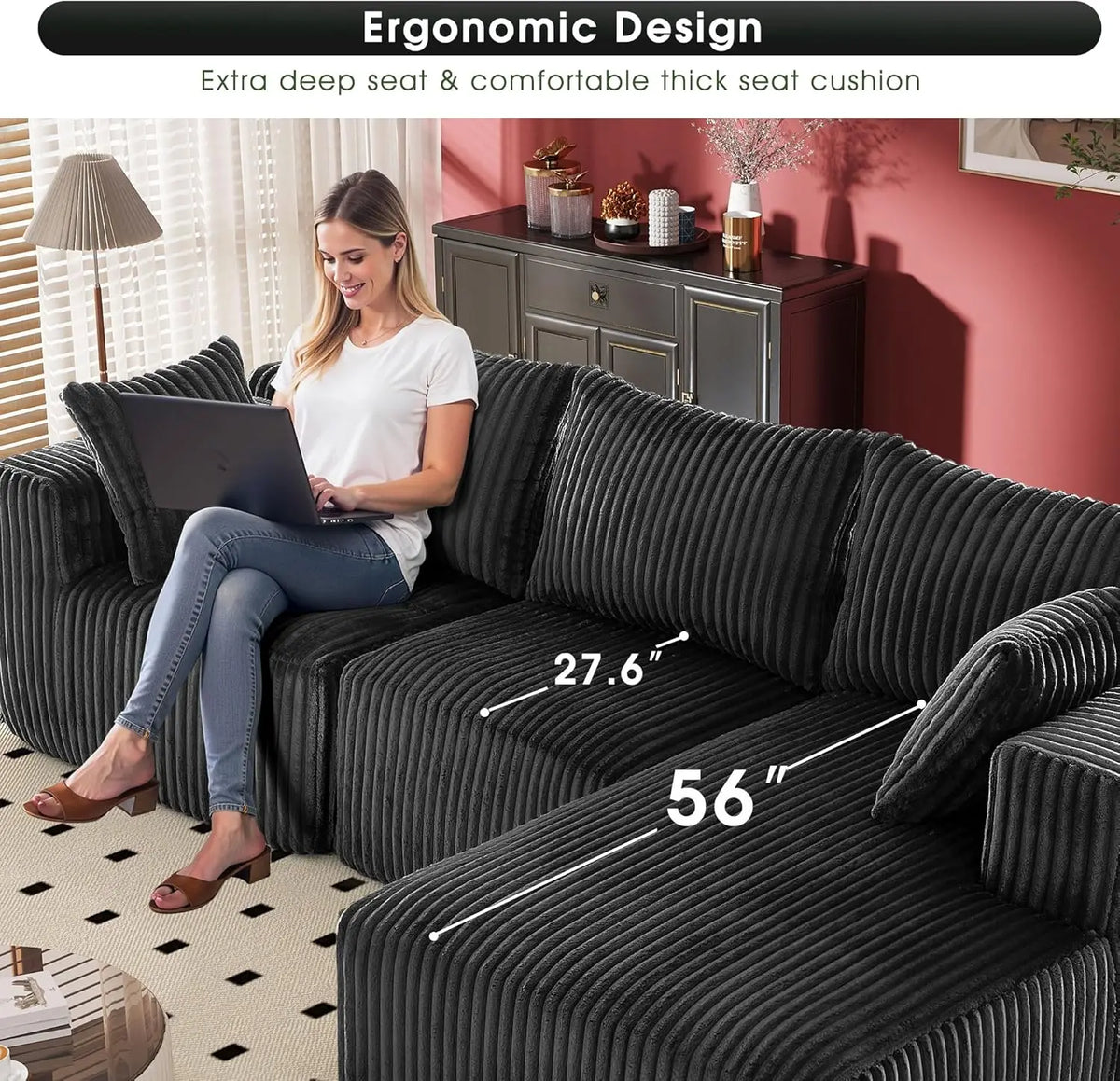 Modular Sectional with L-Shape Chaise, Cloud Sofa Living Room Bedroom Upholstered Sofa - No Installation - Plush Corduroy Fabric