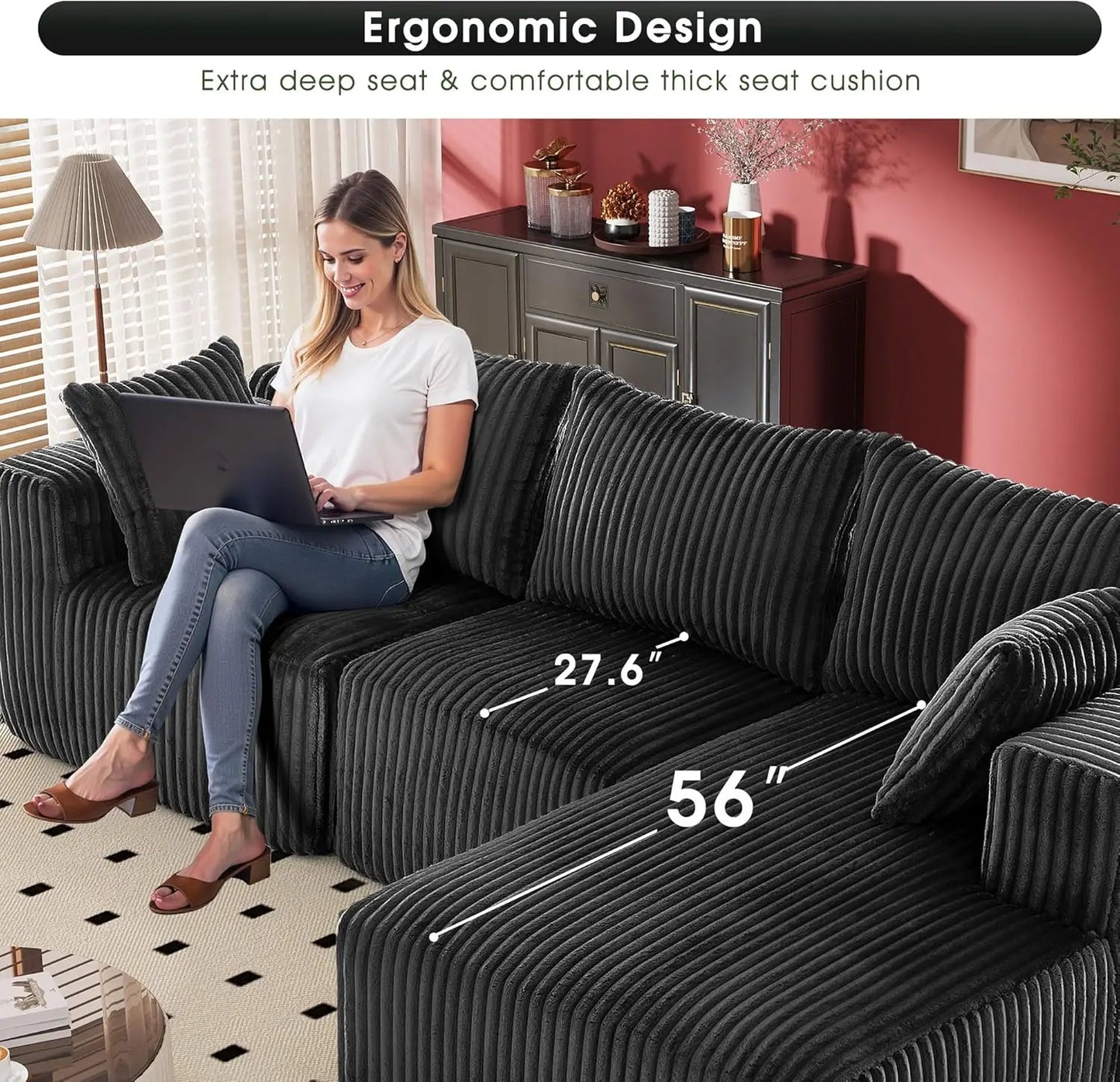 Modular Sectional with L-Shape Chaise, Cloud Sofa Living Room Bedroom Upholstered Sofa - No Installation - Plush Corduroy Fabric