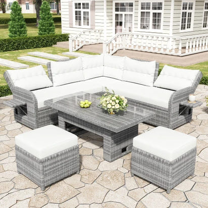 6-Piece Outdoor All Weather PE Rattan Sofa Set, Garden Patio Wicker Sectional Furniture Set with Adjustable Seat,Natural