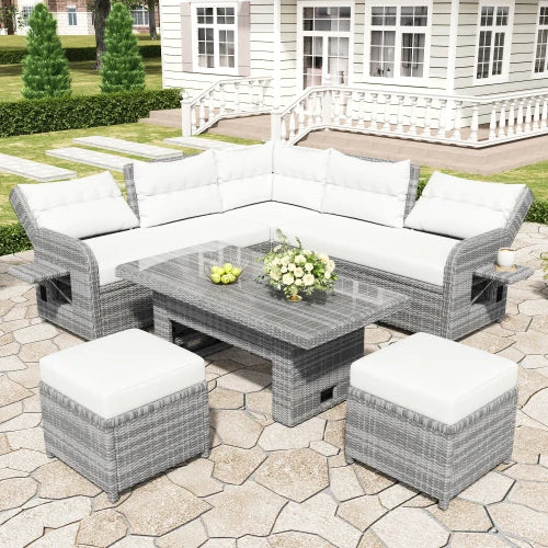 6-Piece Outdoor All Weather PE Rattan Sofa Set, Garden Patio Wicker Sectional Furniture Set with Adjustable Seat,Natural