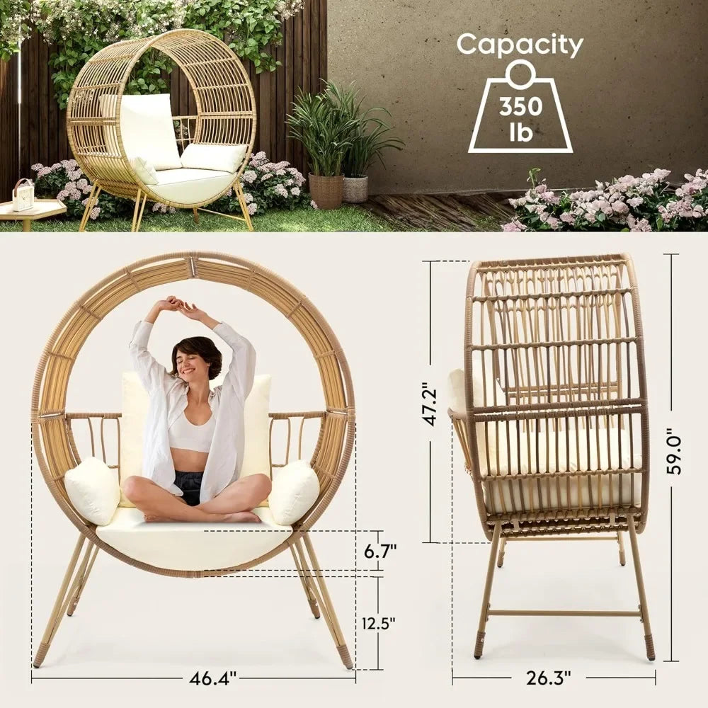 Outdoor Egg Chair, Oversized Wicker Patio Chairs with 6.69'' Cushions, 350LBS Capacity, Indoor Round Rattan Nest Chair with Sta